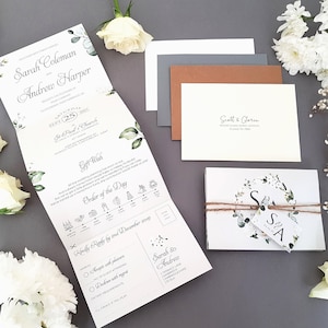White Floral Wedding Invitation Set With Tags, Rustic Twine & Choice of Envelopes - Luxury Concertina Wedding Invites Design With Greenery