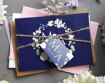Blue & White Wedding Invitation Set  - Luxury Wedding Invites with Background in any colour - Custom flower colours available