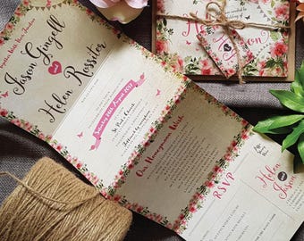 Red Roses Wedding Invitation Set  With Envelopes, Tag & Rustic Twine - Concertina Trifold Luxury Wedding Invites Evening Invitation