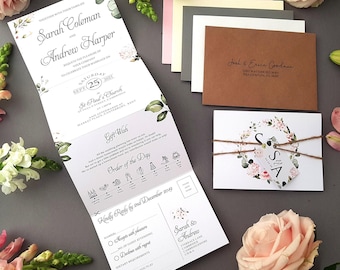 Blush Floral Wedding Invitation  - Concertina Trifold Luxury Wedding Invites With Tags, Rustic Twine & Envelopes - Peonies Rose hydranga