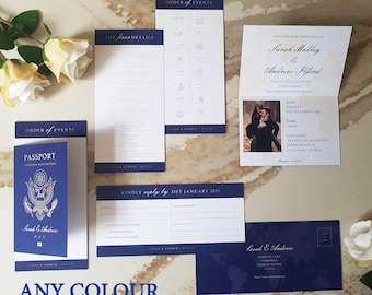 Passport Wedding Invitation Set  In Any Colour - Boarding Pass RSVP For Destination Wedding - Passport with 2 DL Inserts & Envelopes