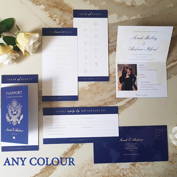 Reisepass-Hochzeitseinladungsset in jeder Farbe – Bordkarten-RSVP für eine Hochzeit im Ausland – Reisepass mit 2 DL-Einlagen und Umschlägen