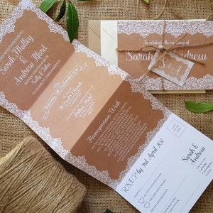 Rustic Wedding Invitation Set  - Personalised Wedding Invites  With Envelopes - Lace on Hessian Wedding Invites