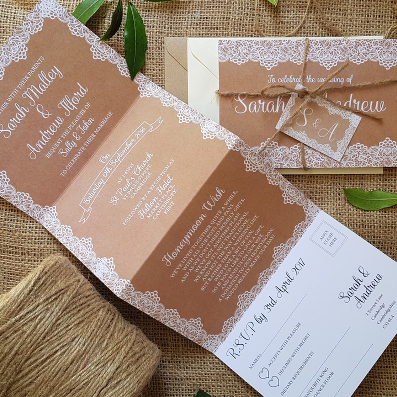 Rustic Wedding Invitation Set Personalised Wedding Invites With Envelopes Lace on Hessian Wedding Invites image 1