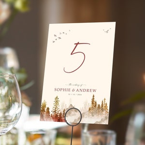 Numéros de table ou noms de table | N'importe quelle couleur de police | Cartes recto-verso A5 Forêt | Mariages | Dîner ou gala