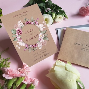 Floral rose rustique, faites-vous réserver les cartes ou réservez une soirée ou un week-end avec des enveloppes - faites-part de mariage réservez vos dates - pivoines