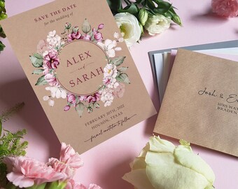 Rustic Pink Floral Save the Date Cards or Save the Evening or Weekend With Envelopes - Save the Dates Wedding Announcement - Peonies