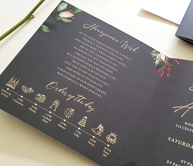 Winter Wedding Invitation Set with Choice of Envelopes Trifold Luxury Wedding Invites Christmas Wedding with Holly and Berries 画像 7