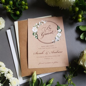 Rustic Fairytale Floral Save the Dates Cards With Envelopes - Any Colour or Message - Be our Guest Save the Date Wedding Card