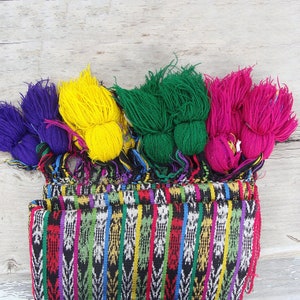 Bright Vintage Rebozo hand-woven in Guatemala |  Ethnic Throw with wool pom poms | Folk art textile R6