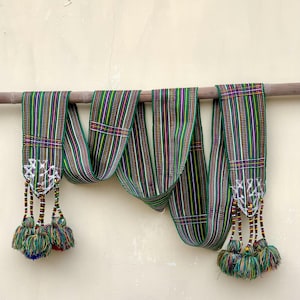 Guatemalan Hair Band with Tassels Pompoms | Vintage  Green Cinta from Nebaj | Hand-woven Hair Ribbon | Hair accessories | Headband F39