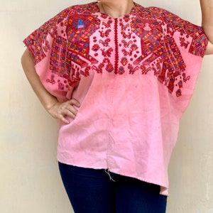 Large Pink Traditional Guatemalan Huipil Blouse | Vintage embroidered cotton poncho  | Mayan clothing from Nahuala | One size boho top #3