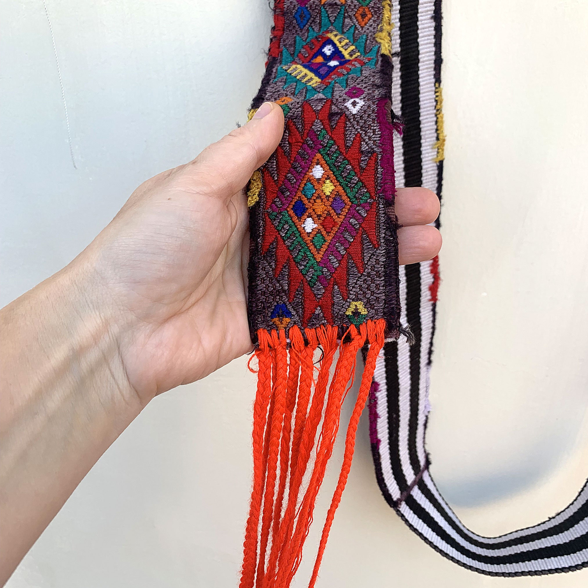Vintage Guatemalan Handwoven Textile Sash Belt Bird Motif Multi Color Fringe 62\