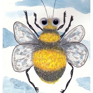 May include: A cartoon bumblebee with googly eyes and wings against a blue watercolour background.