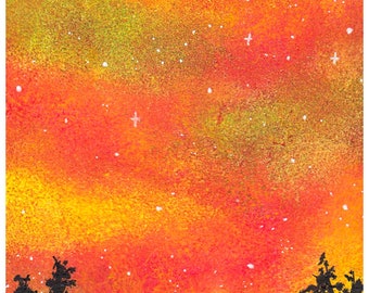 Twilight Ink Art: Original Starry Sky Painting (14.5x10cm)