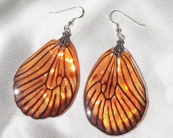 Orange and Black Rice Paper Real Butterfly Wing Earrings, Iridescent Resin Jewelry for Butterfly Lovers