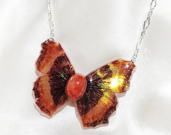 Iridescent Real Butterfly Pendant with Sunstone, Handcrafted Insect Wing Necklaces, Sterling Silver Jewelry