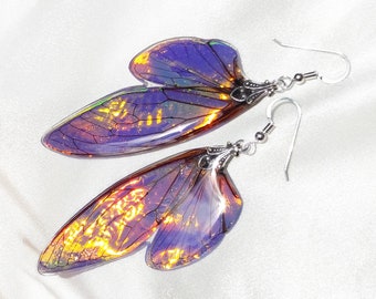 Large Purple Cicada Wing Earrings, Iridescent Fairy Jewelry for Nature Lovers with Sterling Silver Hooks