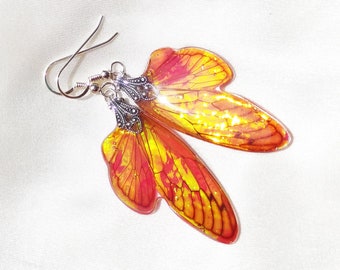 Enchanted Cicada Wing Fairy Jewelry, Sterling Silver Iridescent Red Earrings for Fantasy Lovers