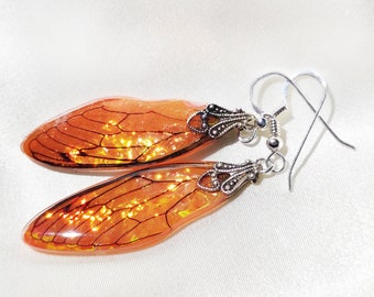 Orange Cicada Wing Earrings, Sterling Silver Ethereal Nature Jewelry for Fairy Gifts