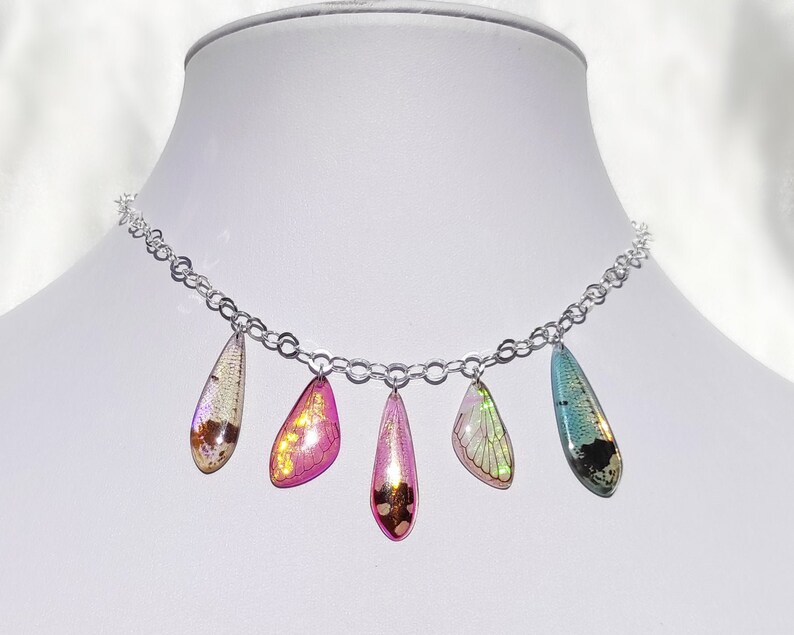 iridescent fairy wings charm chain necklace aesthetic jewelry fairycore accessories silver choker layered necklaces for teenage girls