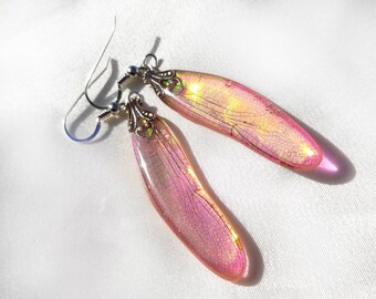 Dragonfly Wing Earrings, Transformation Jewelry in Iridescent Pink and Orange, Symbolic Gifts for Her