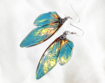 Large Rainbow Cicada Wing Earrings, Iridescent Fairy Jewelry for Nature Lovers with Sterling Silver Hooks