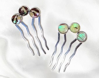 Iridescent Butterfly Wing Hairpins - Silver Hair Accessories - Nature-Inspired Hair Clips