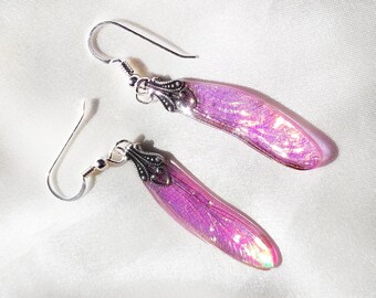 Dragonfly Wing Dangle Earrings, Iridescent Real Insect Jewelry in Resin, Symbolic Gifts of Good Luck