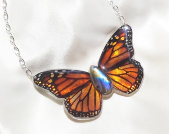 Monarch Butterfly Wing Pendant, Unique Labradorite Gemstone Necklace for Jewelry Lovers