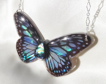 Glassy Tiger Butterfly Wing Pendant, Unique Abalone Jewelry Iridescent Necklace for Butterfly Lovers