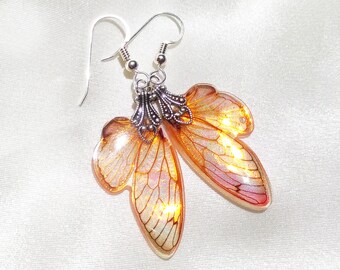 Orange and Pink Periodical Cicada Wing Earrings, Small Iridescent Magical Accessories for Girls