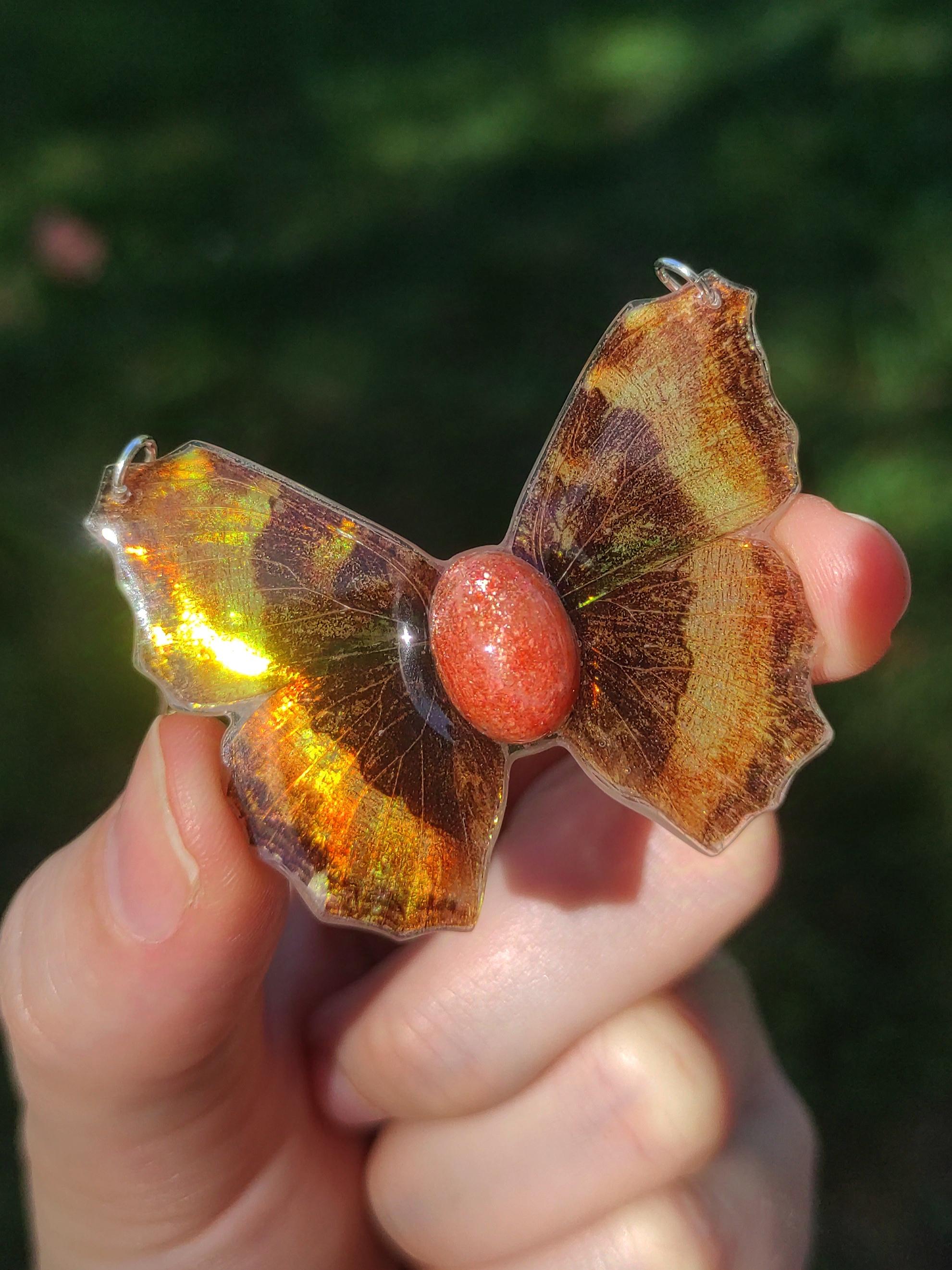 Flying Insect Pendent Iridescent Real Butterfly Pendant With Sunstone, Handcrafted Insect ...