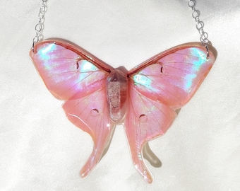 Pink Luna Moth Wing Pendant with Iridescent Aqua Shimmers, Large Statement Necklace