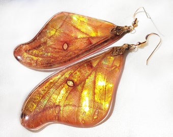 Golden Iridescent Moth Wing Earrings, Nature Inspired 14k Gold Jewelry for Insect Enthusiasts