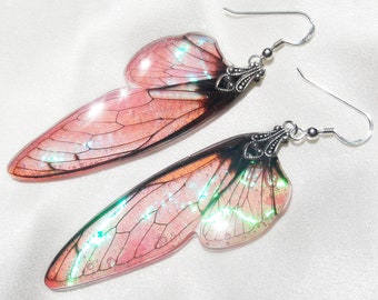 Large Pink and Blue Cicada Wing Earrings, Iridescent Fairy Jewelry for Nature Lovers with Sterling Silver Hooks