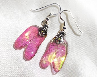 Pink and Gold Iridescent Dragonfly Wing Earrings with Sterling Silver Hooks, Ethical Repurposed Unique Jewelry