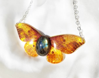 Gorgeous Labradorite Gemstone Pendant Iridescent Imperial Moth Wing Necklace on Sterling Silver Chain