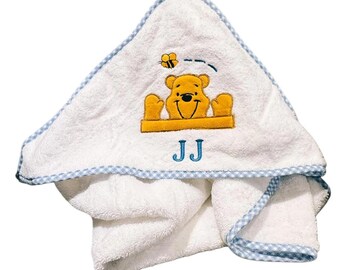 Personalized Baby Hooded Towel, Bees & Bears Design, Blue Gingham Trim