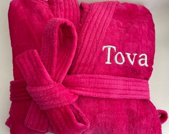 Personalised Boys Girls Kids Bathrobe Hooded Terry Towelling Bath Robe Dressing Gown 7 Colours 100% Cotton age 6-12 Christmas Birthday gift