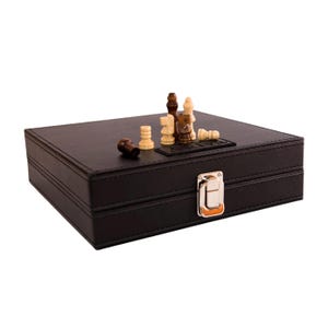 Compendio de juegos bordados, juego de viaje, juego de ajedrez personalizado, juego de juegos 4 en 1, estuche de viaje de cuero, regalo portátil para papás