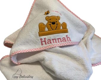 Personalized Baby Hooded Towel, Embroidered Bees & Bear Design, Pink Gingham Trim