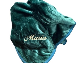 Embroidered Turquoise Fleece Throw Blanket, Personalized Name Gift