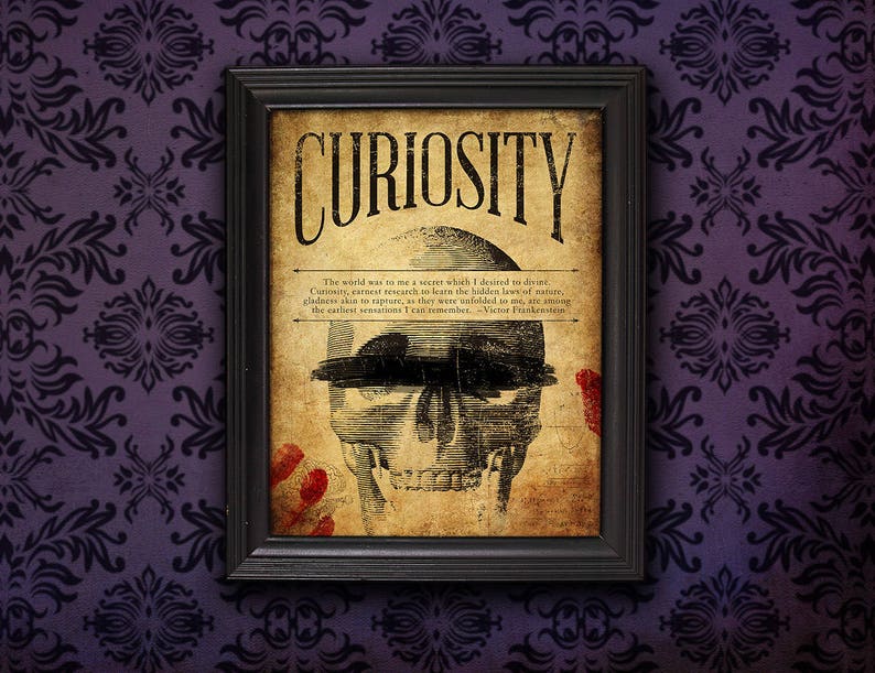 Puede incluir: Un p&oacute;ster de estilo vintage con la palabra "CURIOSITY" en letras grandes y en negrita. El p&oacute;ster presenta una ilustraci&oacute;n en blanco y negro de una calavera con un sombrero de copa y la cita "El mundo era para m&iacute; un secreto que deseaba desentra&ntilde;ar..." de Victor Frankenstein.