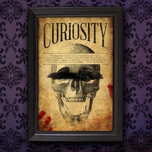 Puede incluir: Un p&oacute;ster de estilo vintage con una ilustraci&oacute;n de cr&aacute;neo y la palabra "CURIOSITY" en letras grandes y en negrita. El texto debajo del cr&aacute;neo dice: "El mundo era para m&iacute; un secreto que deseaba desentra&ntilde;ar. La curiosidad, la investigaci&oacute;n seria para aprender las leyes ocultas de la naturaleza, la alegr&iacute;a cercana al &eacute;xtasis, como me fueron reveladas, se encuentran entre las primeras sensaciones que puedo recordar." - Victor Frankenstein