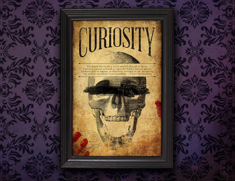 Puede incluir: Un p&oacute;ster de estilo vintage con una ilustraci&oacute;n de cr&aacute;neo y la palabra "CURIOSITY" en letras grandes y en negrita. El texto debajo del cr&aacute;neo dice: "El mundo era para m&iacute; un secreto que deseaba desentra&ntilde;ar. La curiosidad, la investigaci&oacute;n seria para aprender las leyes ocultas de la naturaleza, la alegr&iacute;a cercana al &eacute;xtasis, como me fueron reveladas, se encuentran entre las primeras sensaciones que puedo recordar." - Victor Frankenstein