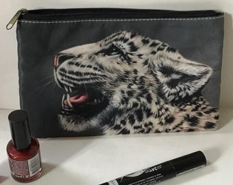 SNOW LEOPARD PENCIL Case, Large Cat Cosmetic Bag,Wildlife Zipper Pouch, Animal Art, Makeup Storage, Gift For Her, Big Cat Leopard Lover Gift