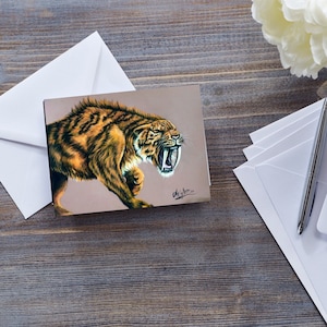 Carte TIGRE DENT DE SABRE, animal disparu préhistorique, amoureux des grands félins, animal de l'ère glaciaire, carte pour garçons, art des crocs de tigre rugissants, chat sauvage, pour lui