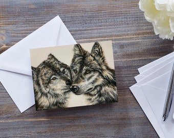 TWO WOLVES CARD, Cute Wolf Card, For Wolf Lover, Wolves Cuddling, Animal Wildlife Fine Art, Wolves In Love, Card for Couples, Wolves Kissing