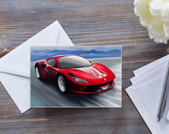 RED FERRARI CARD, F8 Tributo Supercar, Cards For Him, Fathers Day Card, Motor Car Card, Automobile Card, Classic Sports Car, Card For Boys